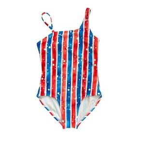Cat & Jack Girls One Piece Red White Blue Striped w/Stars  Swimsuit Size 7-8